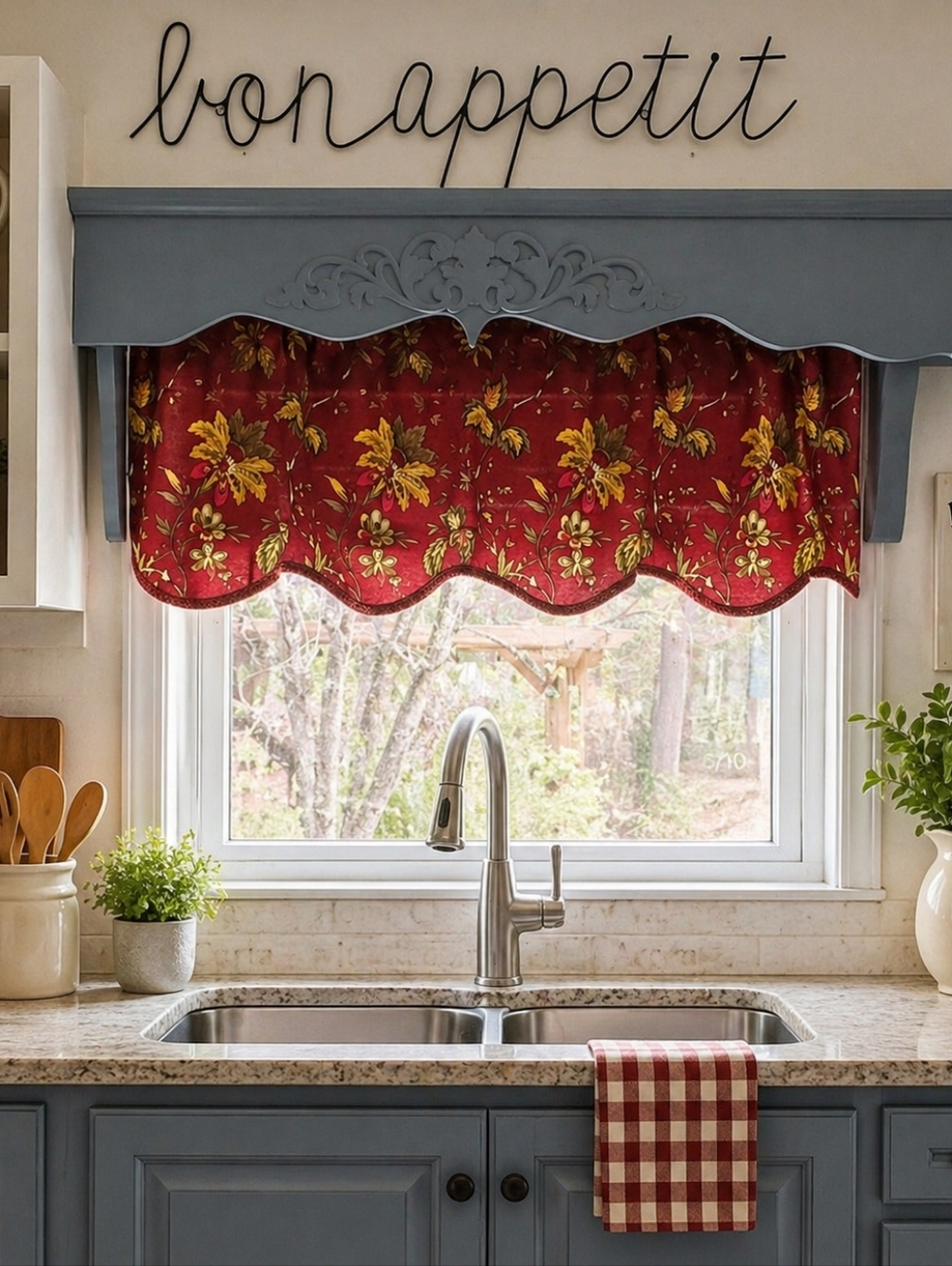 Waverly Home Classics Floral Valance Curtain with Red and Yellow Accents.